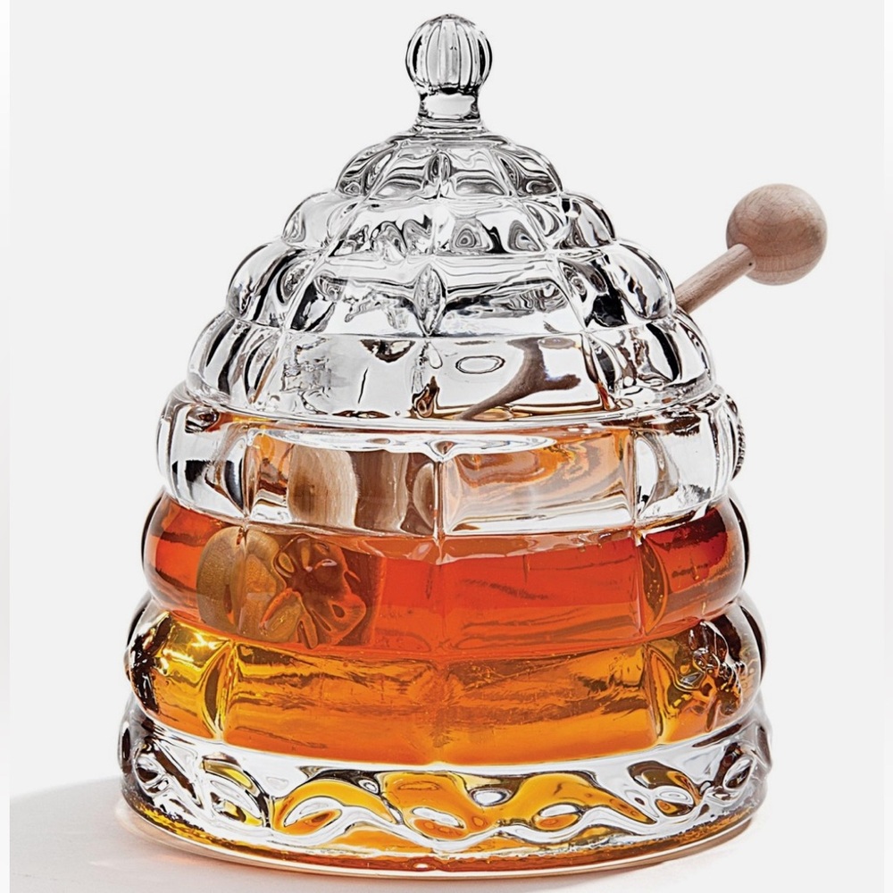 New! Godinger Clear Glass Honey Pot with Lid & Dipper